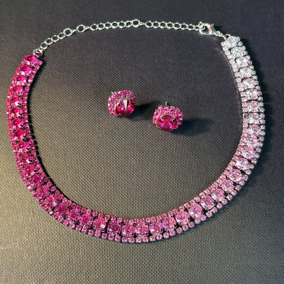 Choker Necklace Earrings Jewelry Set Zirconia Pink Multi color with Gift Box - Picture 7 of 8